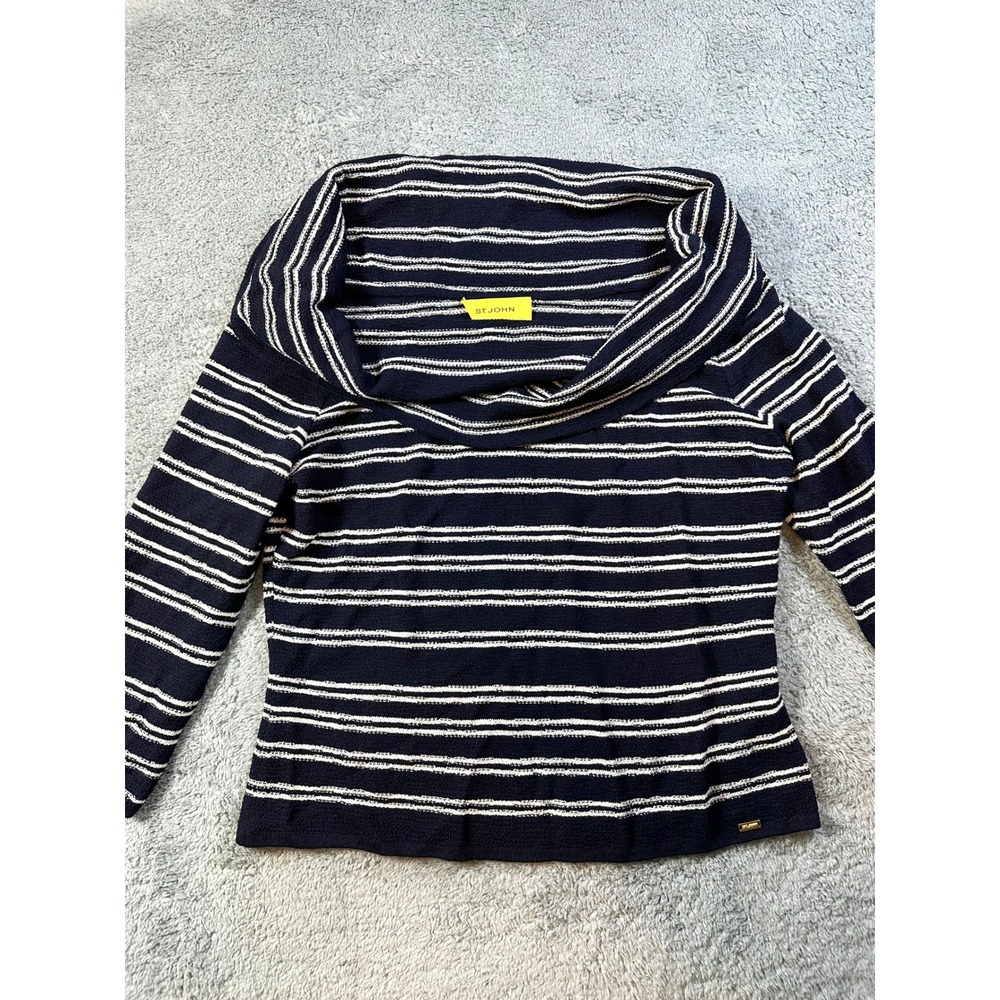 St John Sanata Knit S Cowl Off Shoulder wool Top Navy blue white striped coastal